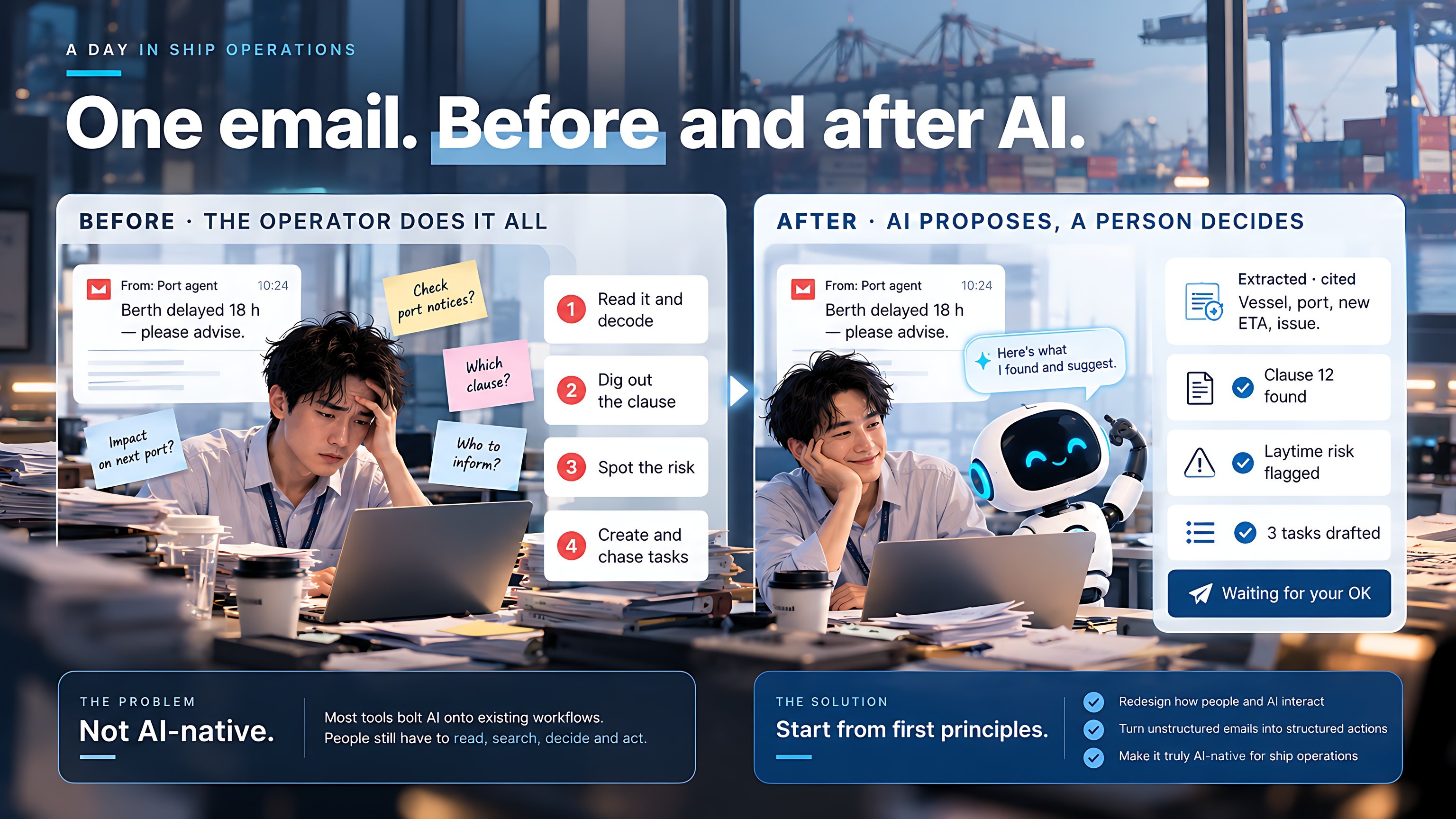 One email, before and after AI. Before: the operator reads, decodes, digs out the clause, spots the risk and creates and chases tasks. After: AI extracts and cites the facts, finds clause 12, flags laytime risk, drafts three tasks and waits for your OK.
