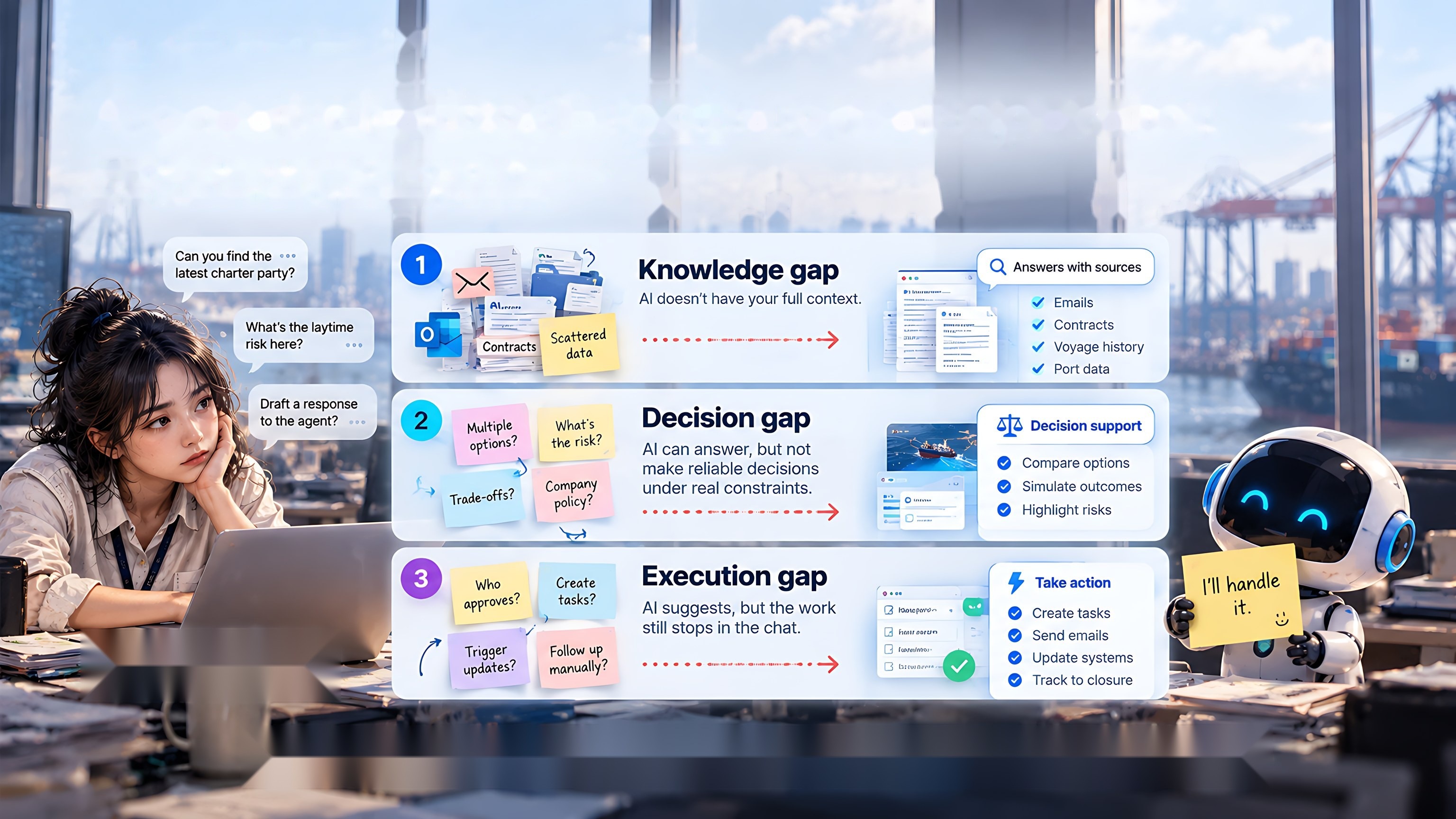 A great chatbot is not a great operator. Three gaps: knowledge gap (AI doesn't have your full context), decision gap (AI can answer, but not make reliable decisions under real constraints), execution gap (AI suggests, but the work still stops in the chat). Current SaaS plus chatbot helps you search, read and draft; AI-native SaaS understands, decides and gets work done.