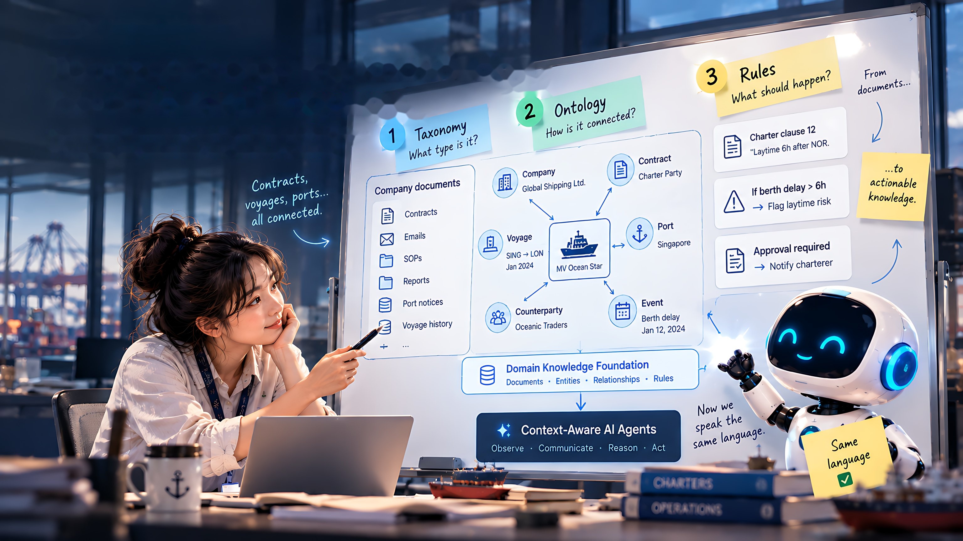 Turn your company knowledge into a shared language. Taxonomy: what type is it? Ontology: how is it connected? Rules: what should happen? Company documents, entities, relationships and rules form a domain knowledge foundation for context-aware AI agents.