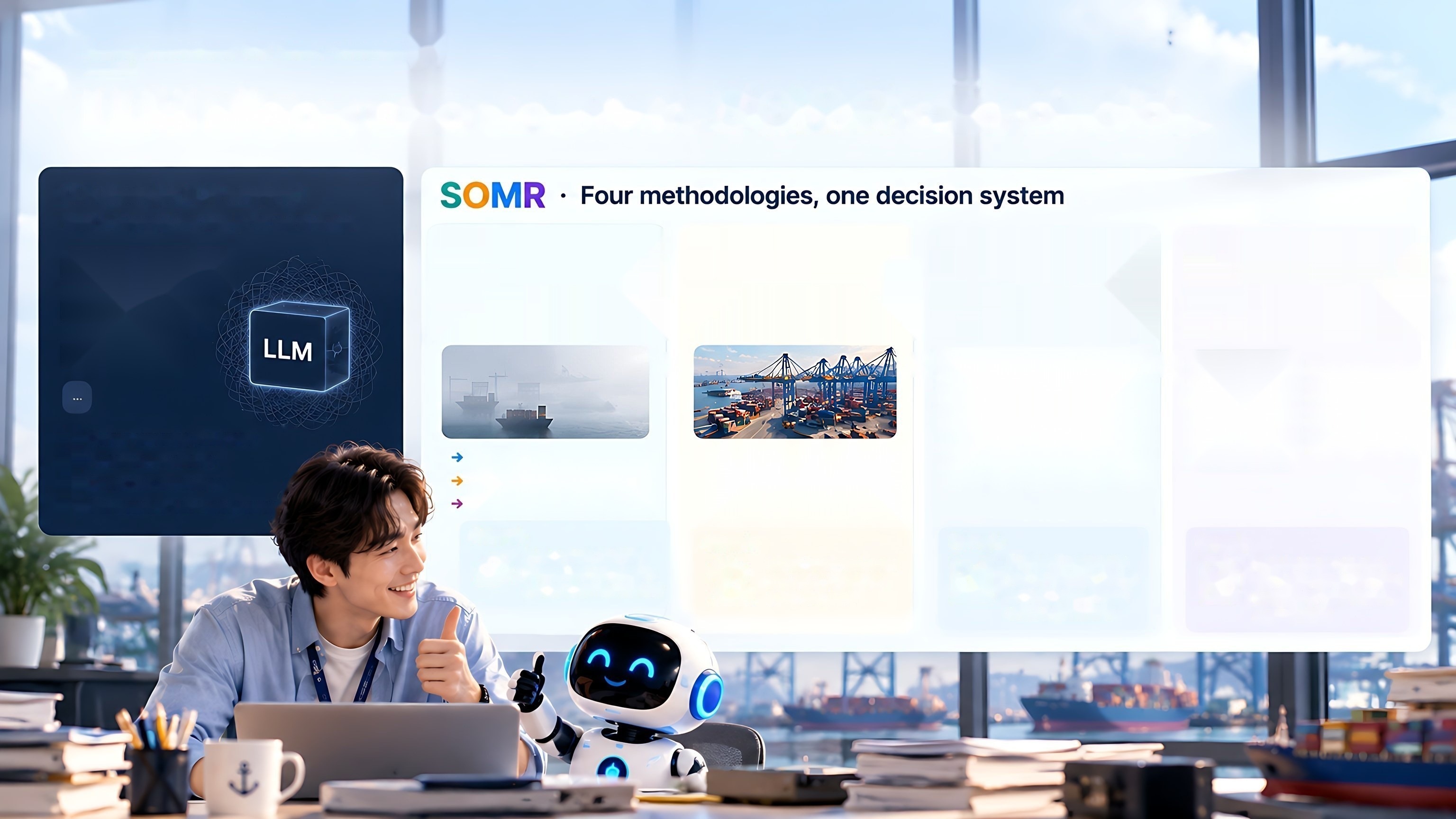 LLM alone can answer. SOMR can decide. SOMR chains four methodologies: Simulation (what if?), Optimization (what is best?), Machine Learning (what will happen?) and Rule-Based Reasoning (what must hold?), to turn questions into actionable decisions. An LLM alone has opaque reasoning, no domain constraints, cannot test alternatives and is often generic or hallucinated.