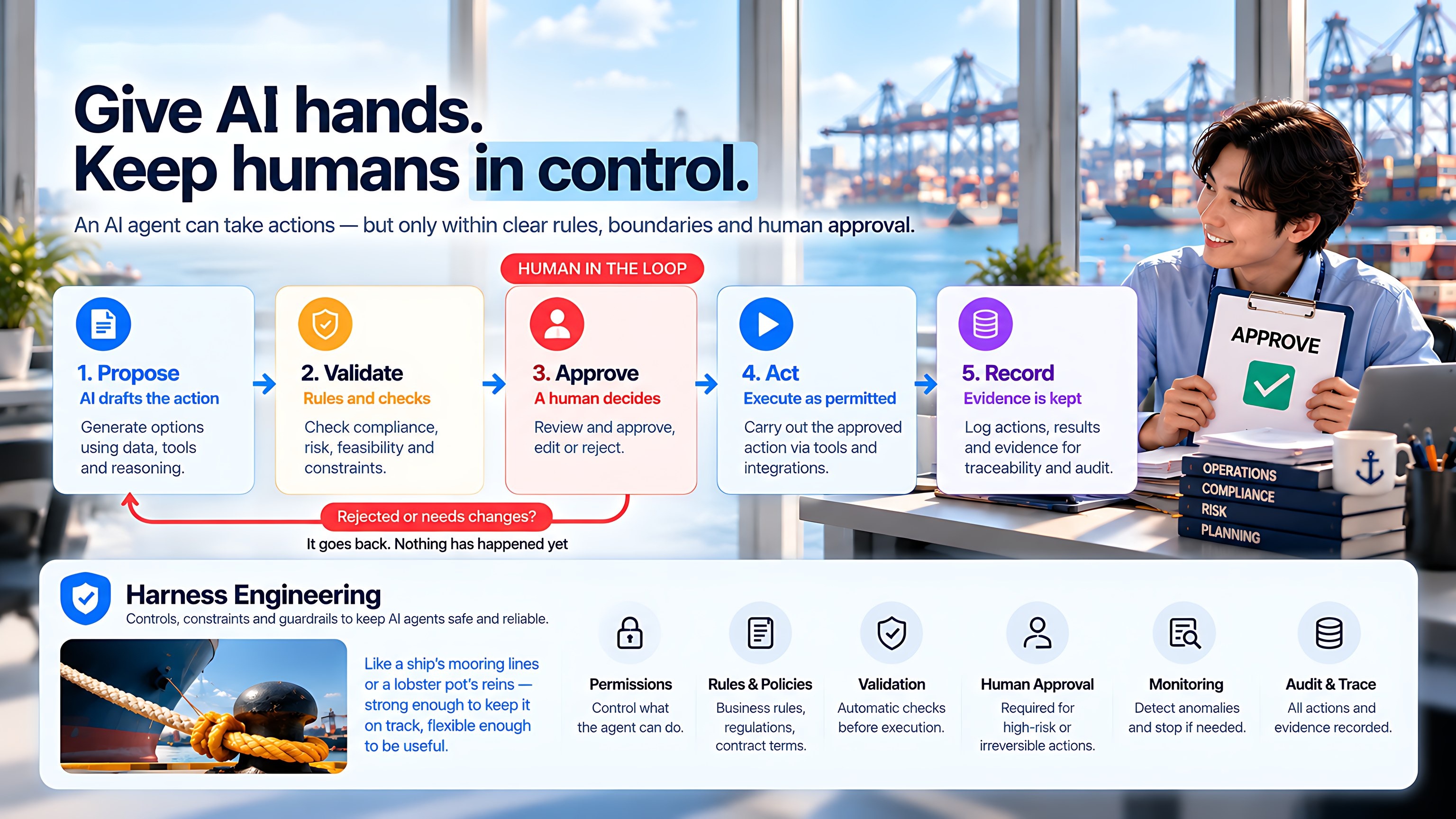 Give AI hands, keep humans in control: propose, validate, human approval, act, record, supported by harness engineering.